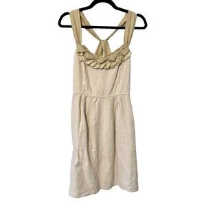 J‎ Crew Collection Beige Linen Gold Ruffle Neckline Crossback Dress Size 4